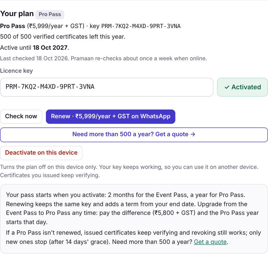 Settings, Your plan: Pro Pass with the key activated and 500 of 500 verified certificates left this year