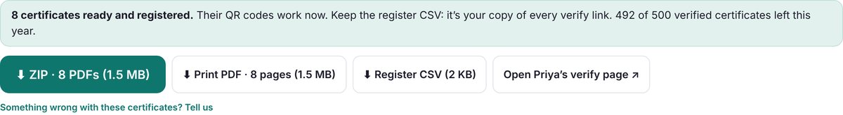 Done: 8 certificates ready and registered, with ZIP, Print PDF, Register CSV and verify page buttons