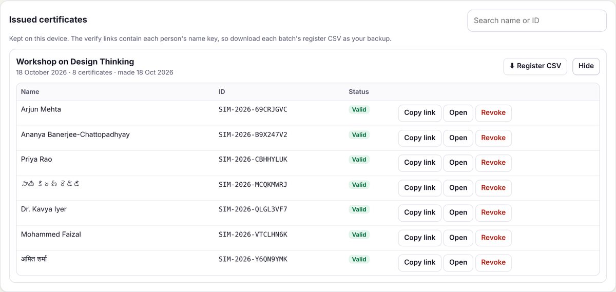 Issued tab: a batch of 8 certificates with Copy link, Open and Revoke buttons