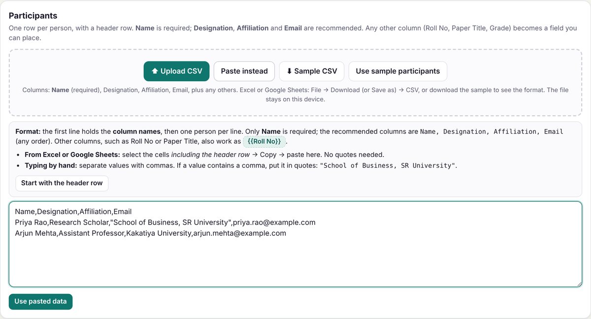 Participants: Upload CSV, Paste instead and the paste box with a header row and two people