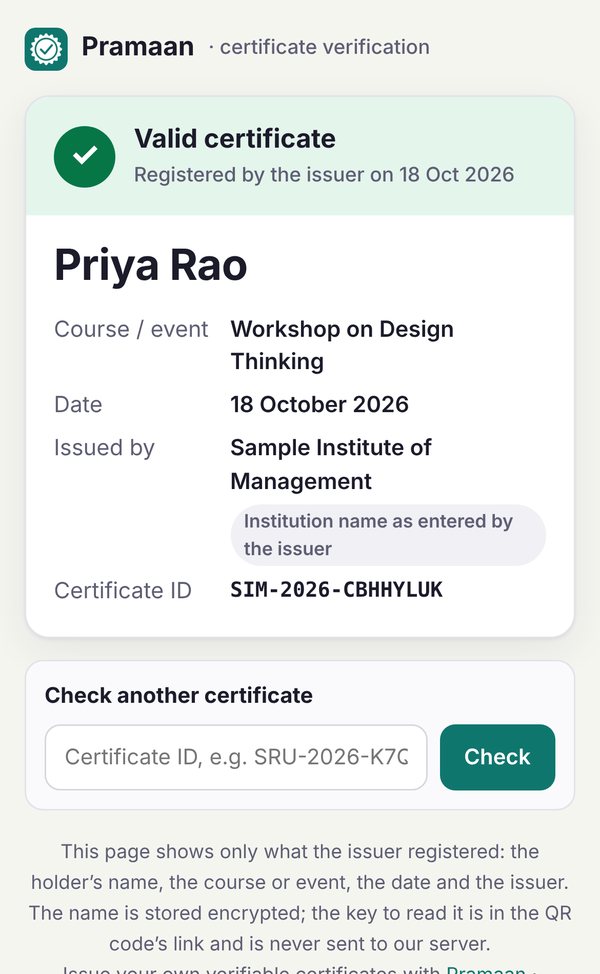 A verify page on a phone: Valid certificate, Priya Rao, Workshop on Design Thinking, Sample Institute of Management